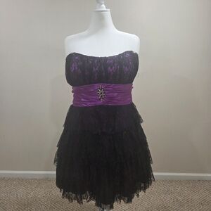 Deb Purple Satin and Black Lace Dress with Waist Accent